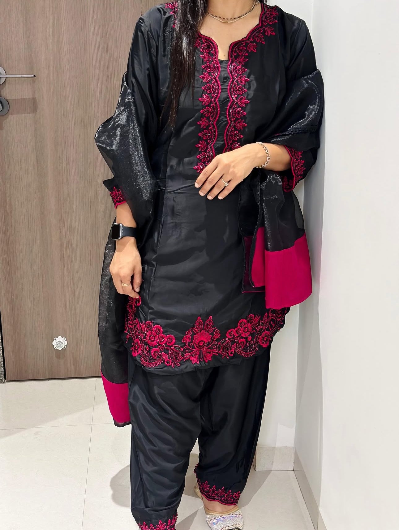 Embroidered Natural Crepe Farshi Set