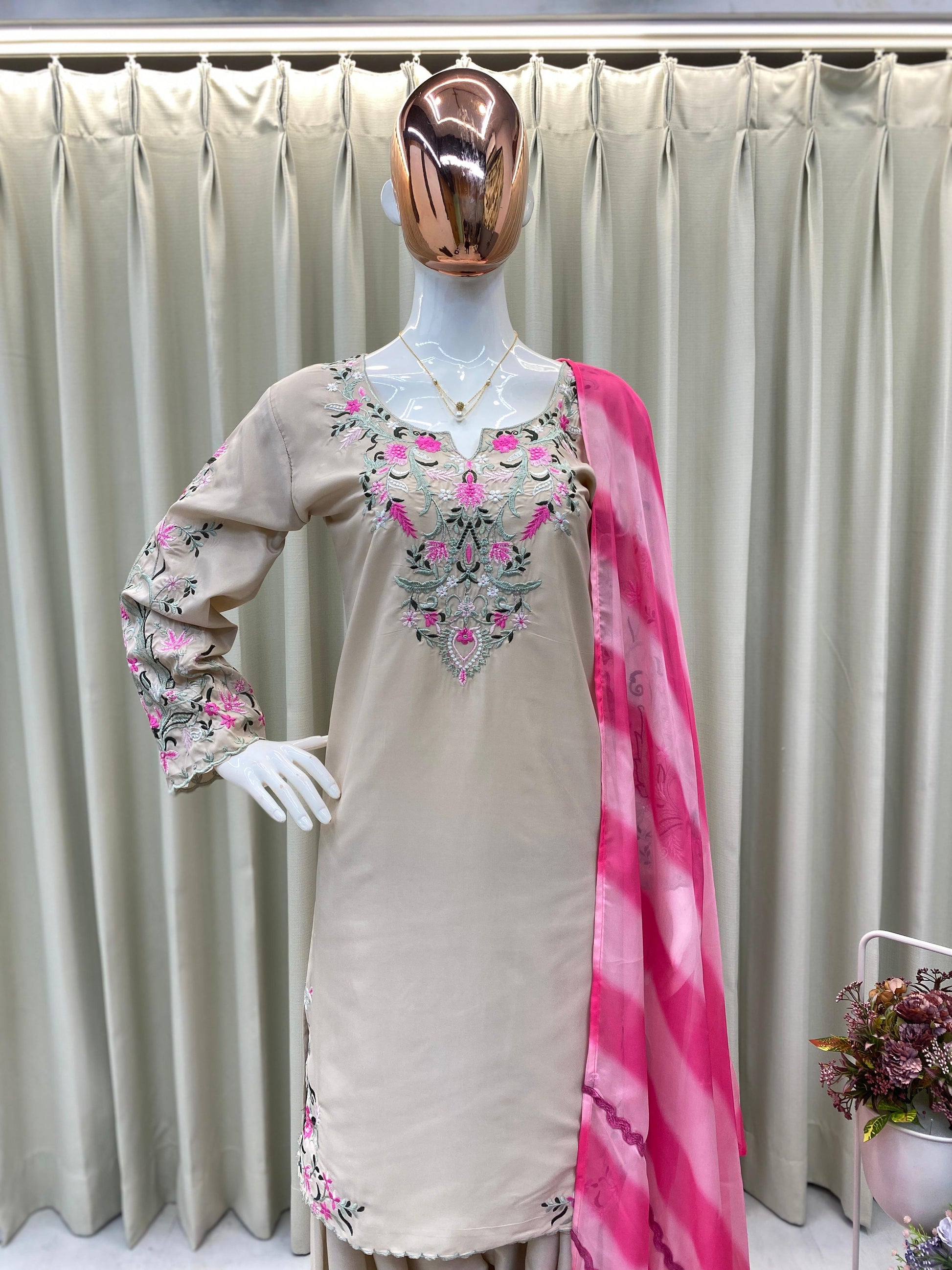 Embroidered French Crepe Farshi Suit