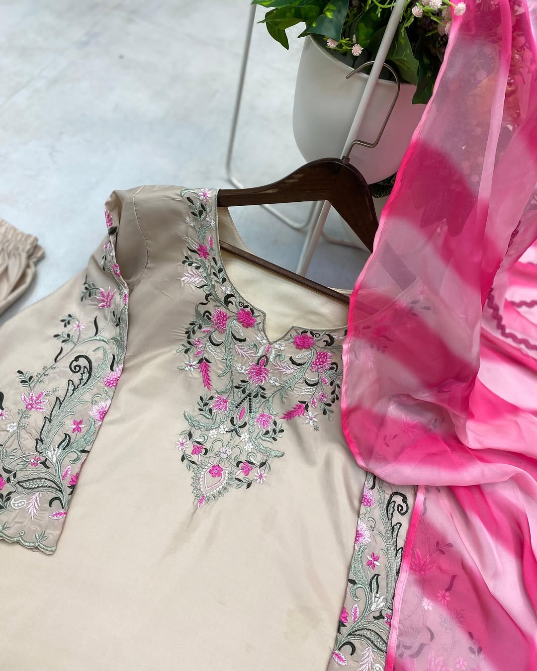 Embroidered French Crepe Farshi Suit