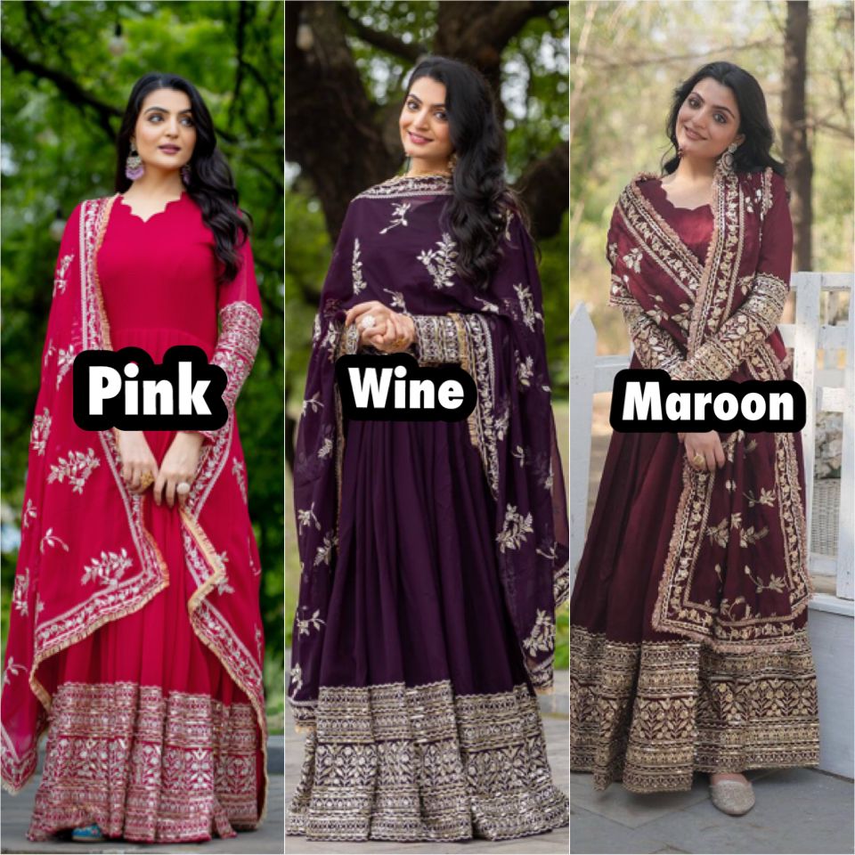 Embroidered Faux Georgette Gown Set