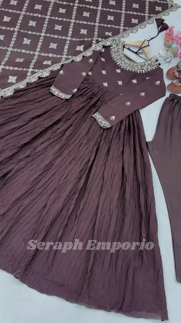 Crushed Chinnon Embroidered Gown Set