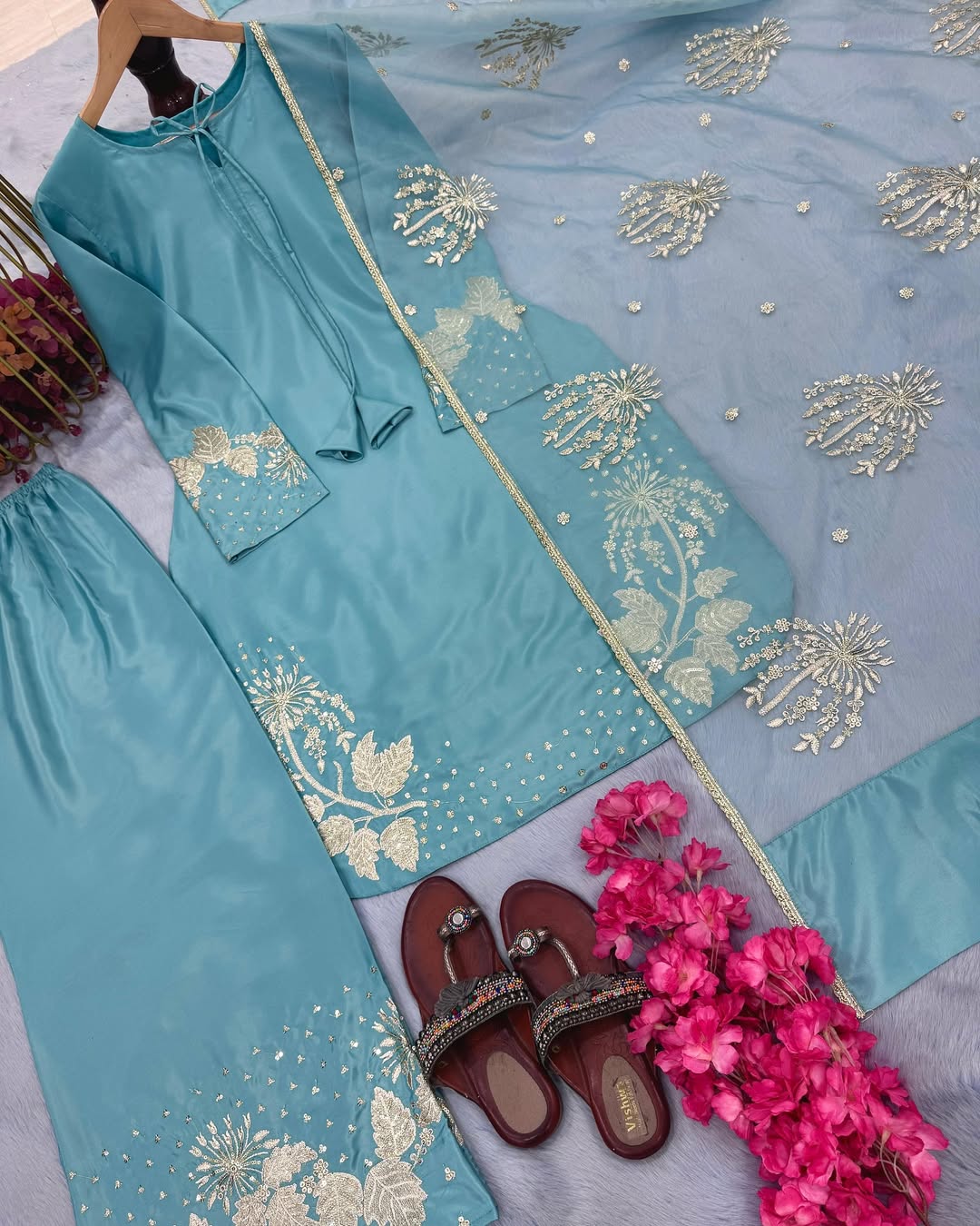 Designer Natural Crepe Pakistani Plazzo Set