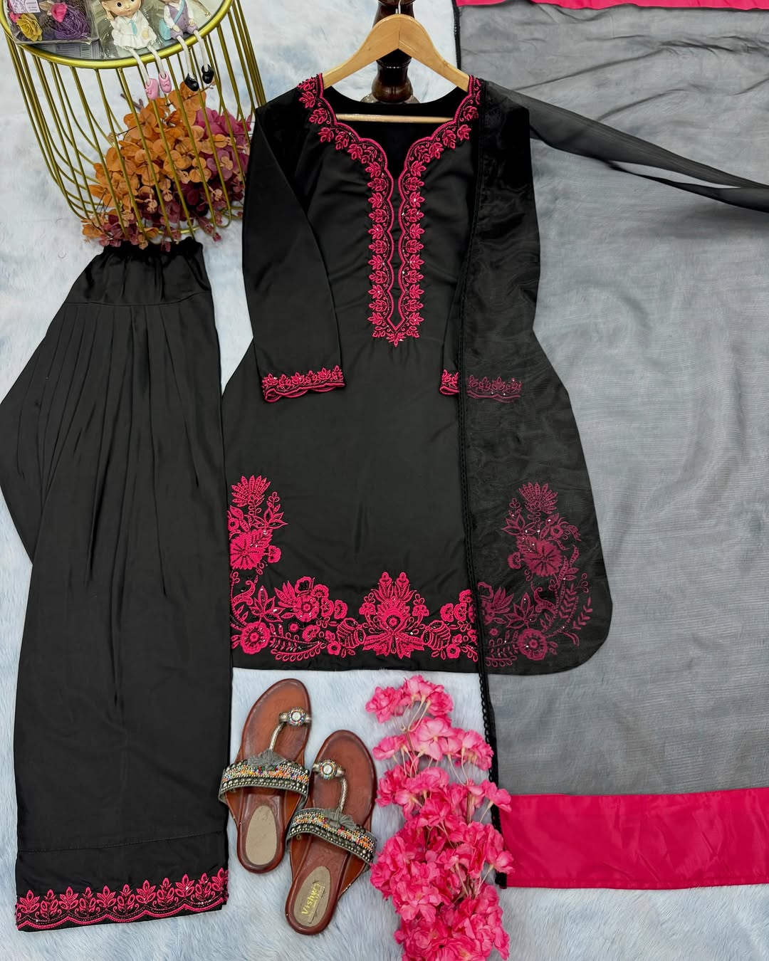 Embroidered Natural Crepe Farshi Set