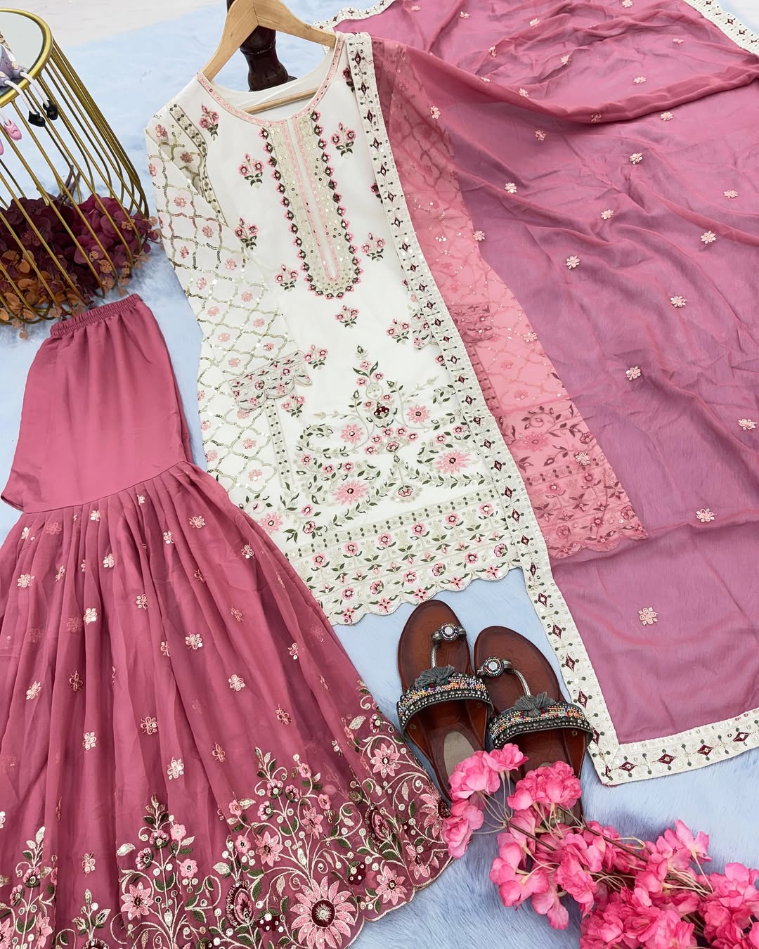 White And Pink Georgette Sharara Set